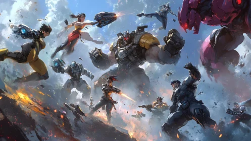 Futuristic heroes clash with armored mechs in aerial battle.