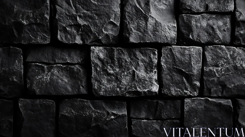 Close-up basalt stone masonry wall in low key directional light