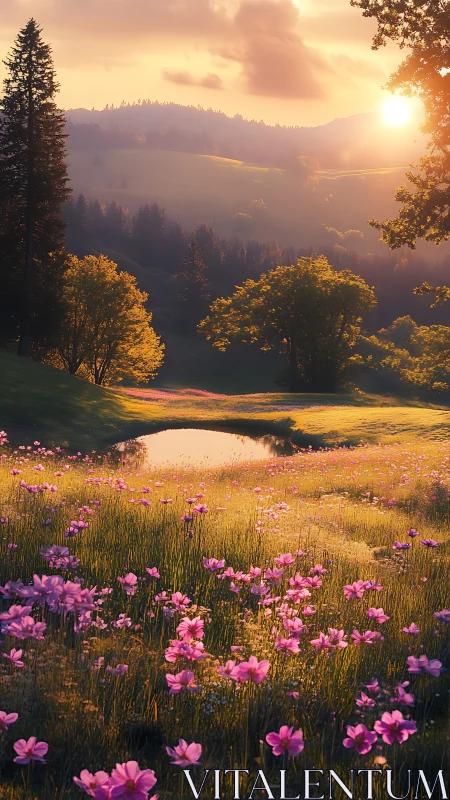 Sunlit wildflower meadow surrounds reflective hilltop pond