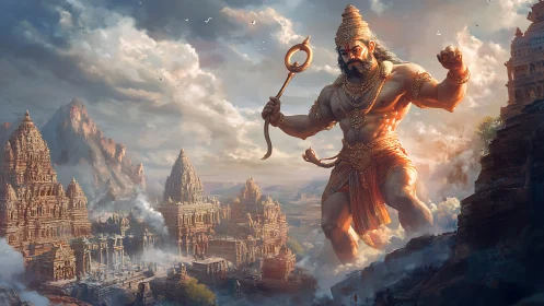 Colossal mythic warrior guarding ancient temple kingdom.