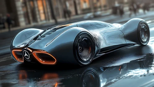 Streamlined Mercedes concept car with reflective wet-road rendering