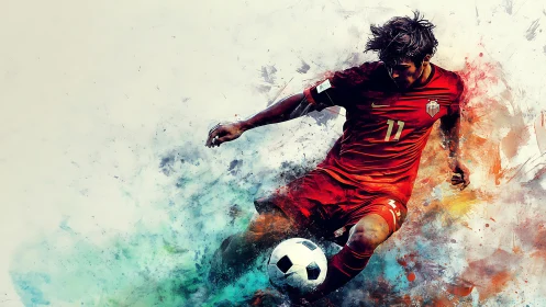 Dynamic soccer striker kicks ball through abstract color burst.