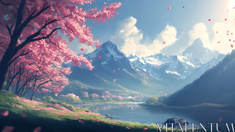 Blossoming cherry valley opens toward radiant alpine peaks.