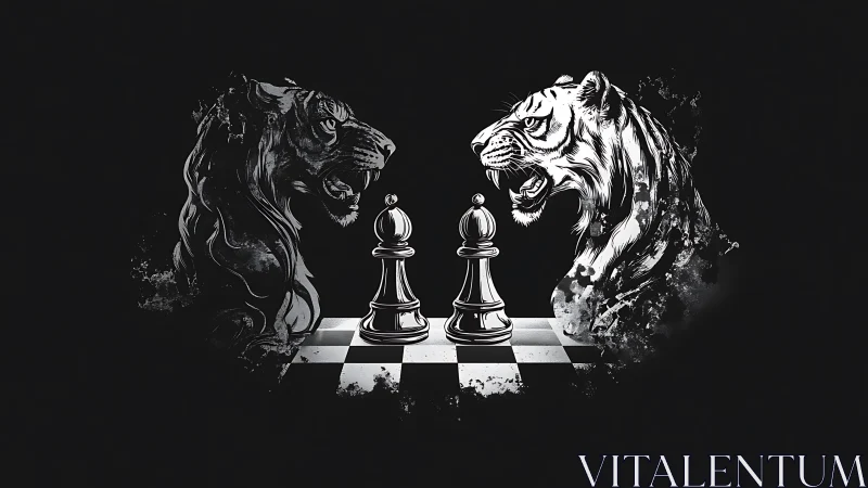 Dual Tiger Conflict: Chess Confrontation. Black and white engravings of two tigers face off across c