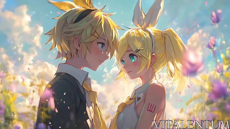Anime twins in golden meadow under soft pastel sky.
