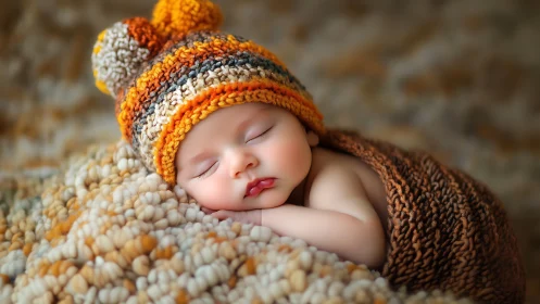 Sleeping newborn in colorful knit hat and brown wrap.