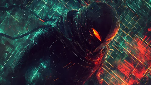Cybernetic warrior with glowing eyes in neon matrix.