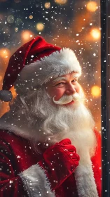 Santa figure in red suit standing by window in snowfall.