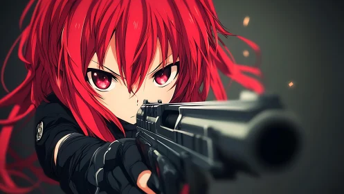 Anime close-quarters portrait with dynamic firearm foreshortening.