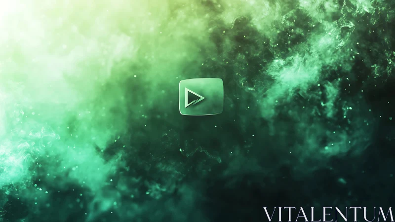 Play icon floats in teal green cosmic nebula cloud field