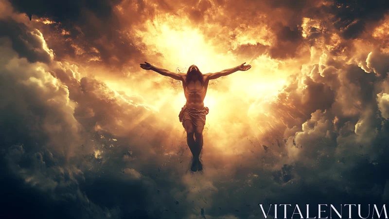 Radiant ascension figure framed by blazing storm clouds