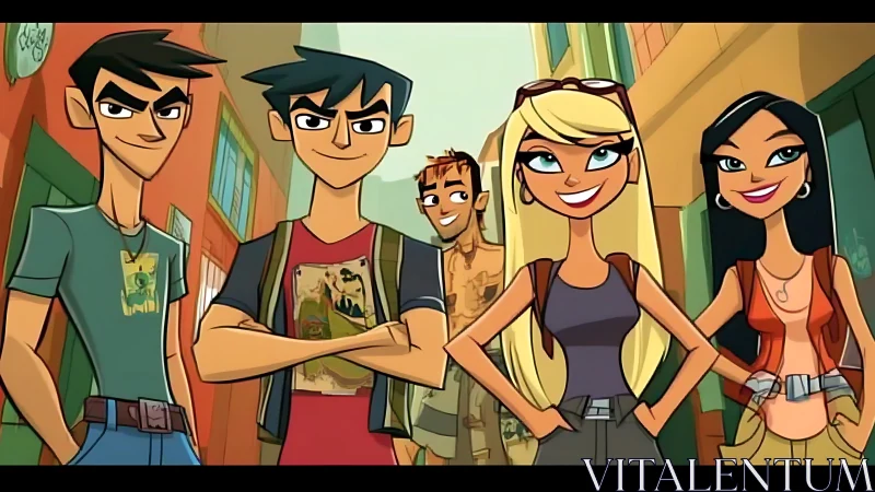 Five stylized animated characters stand in a narrow street