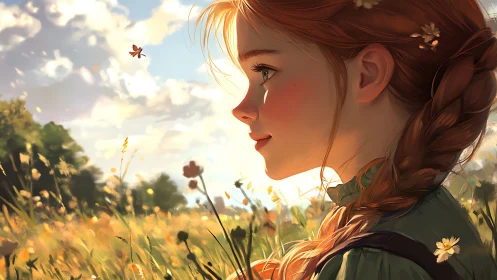 Profile portrait of girl in sunlit wildflower meadow field.