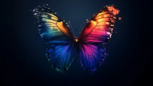 Digital painting of luminous multicolor butterfly on dark field.