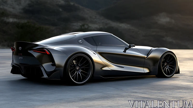 Sleek metallic sports coupe under sunset track lighting.