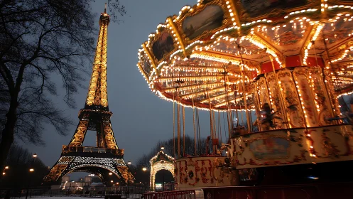 Illuminated Eiffel lattice and rotating carousel light dynamics.