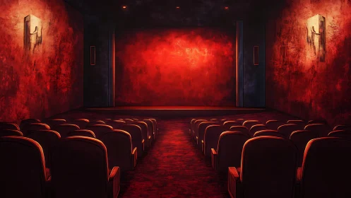 Empty red cinema interior uses dramatic chiaroscuro lighting