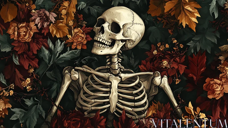 Laughing autumn skeleton cradled in opulent, dying blooms.