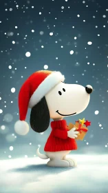 3D holiday beagle character in snow with gift box profile.
