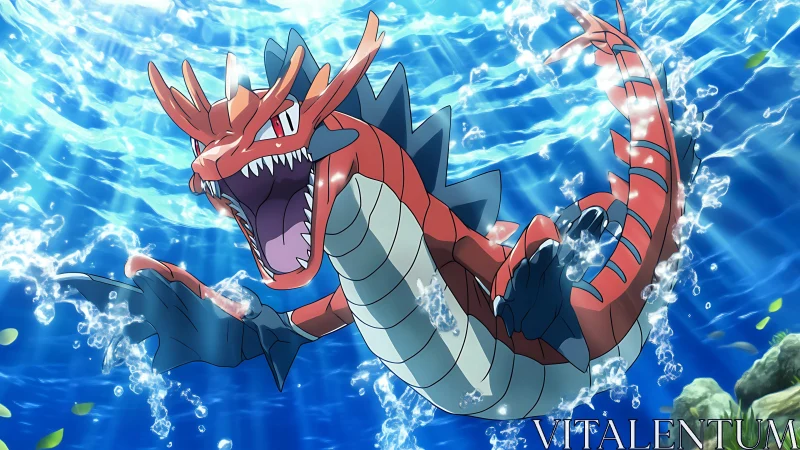 Sea serpent-like creature moves upward through clear water