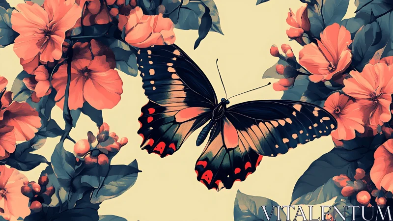 Midnight butterfly drifts through coral blooms and shadows.