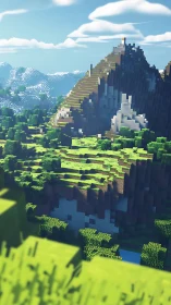 Voxel mountain landscape rendered with depth-of-field lighting