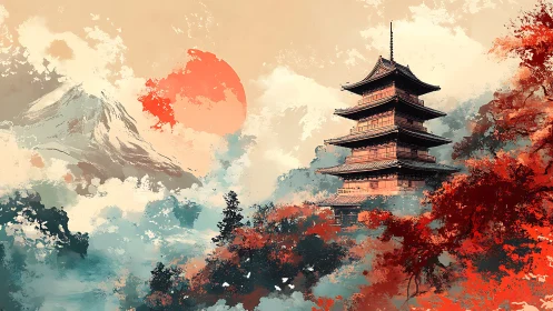 Pagoda stands before red sun and mountain in stylized landscape