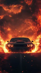 Hellfire muscle car storms through an inferno gateway.
