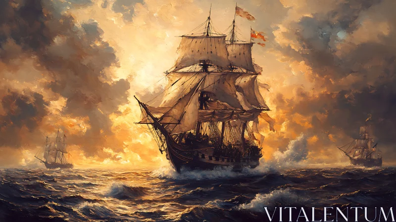 Sailing warship squadron on rough sea under storm clouds.