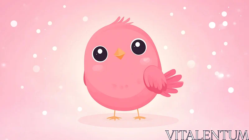 Cute round pink cartoon bird illustration on soft pastel background.
