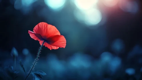Red poppy flower isolated against blue bokeh background