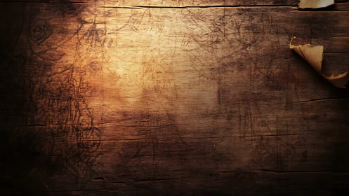 Aged wooden tabletop with curled parchment accent lighting.