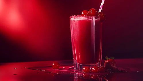 Red beverage in glass with ice and cherries against monochromatic background.