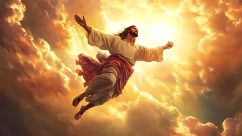 Radiant figure ascends through glowing golden clouds in triumph