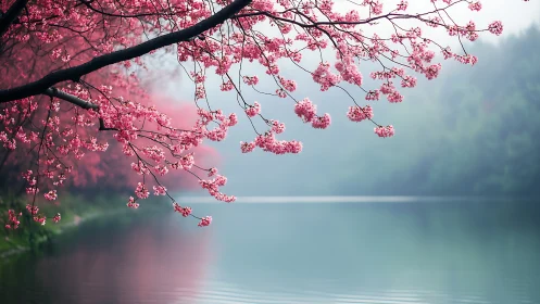 Cherry blossoms frame tranquil misty lakeside panorama.