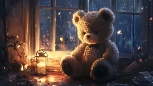 Lanternlit teddy bear guarding a rainy midnight window glow.