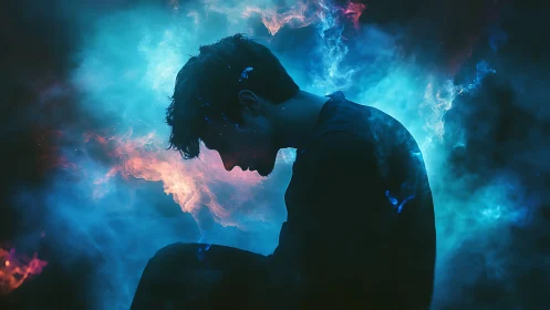 Silhouetted figure bows within blue and orange cosmic nebula