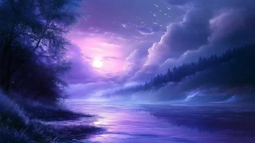 Moonlit violet river sighing beneath feathered clouds.