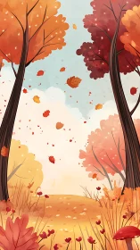 Autumn Forest Landscape with Falling Leaves: Digital Illustration Rendering