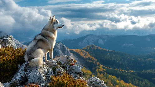 Mountain loving husky enjoys a peaceful highland panorama