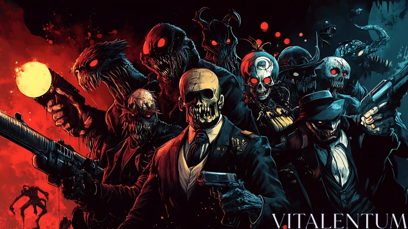 Skeletal crime syndicate advances through dual-tone infernal haze