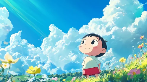 Child stands in flower field under large bright summer clouds.