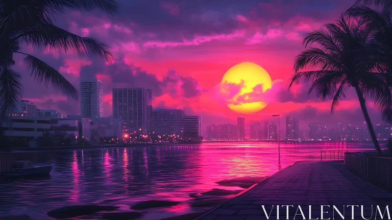 Neon city waterfront under vivid magenta sunset sky.