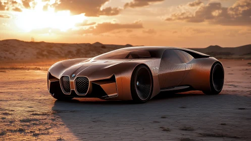 Futuristic copper sports car cuts across sunlit desert plain