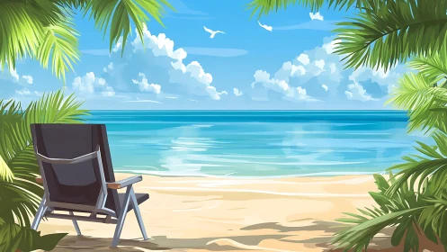 Beach chair positioned under palm fronds overlooking tropical ocean