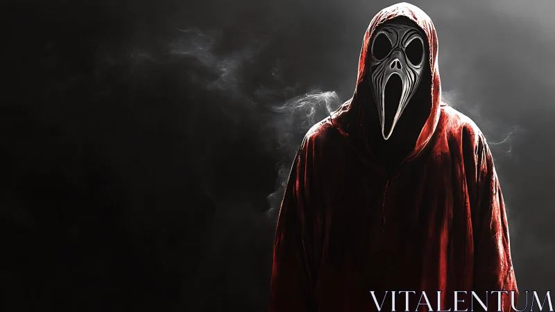 Hooded figure in red cloak wears elongated screaming mask