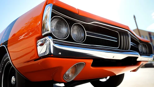 Sunlit muscle car grille glows in chrome and tangerine paint.