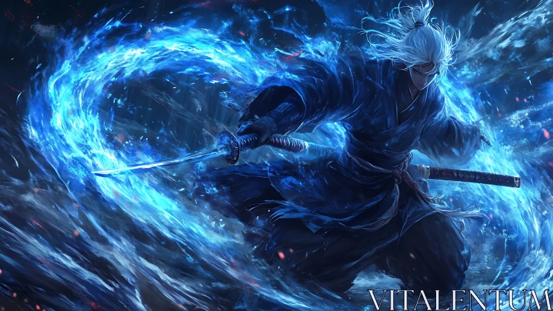 Stormforged swordsman carving blue fire through midnight seas.