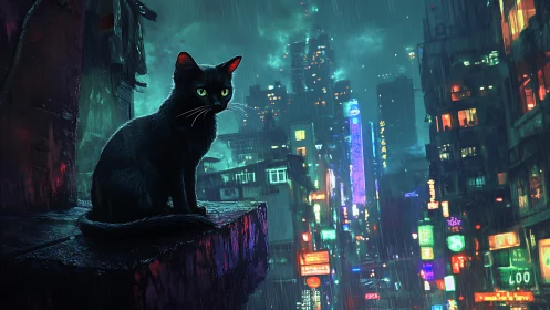 Black cat on ledge in rainy neon city at night.