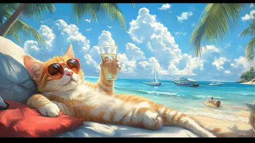 Orange Cat Lounging on Tropical Beach with Cocktail